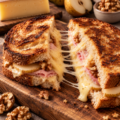 Croque-monsieur d’automne poire, comté et noix