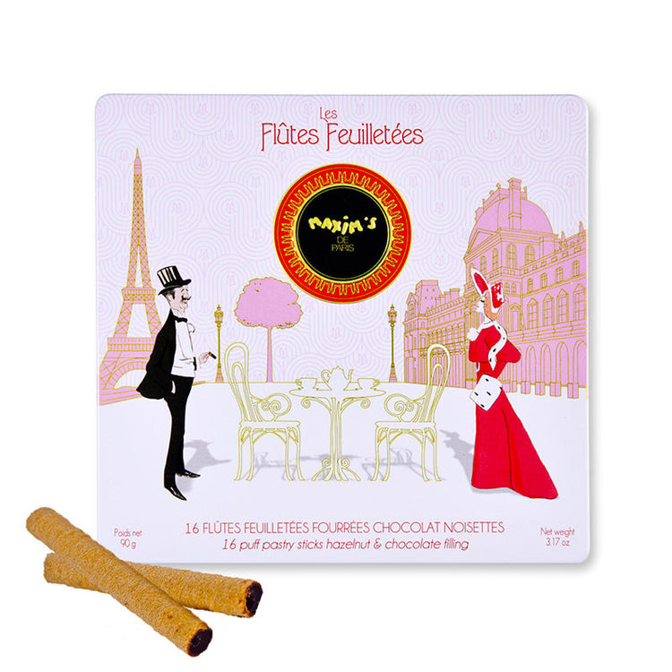 Boite métal 16 flûtes feuilletées chocolat noisettes Maxim's