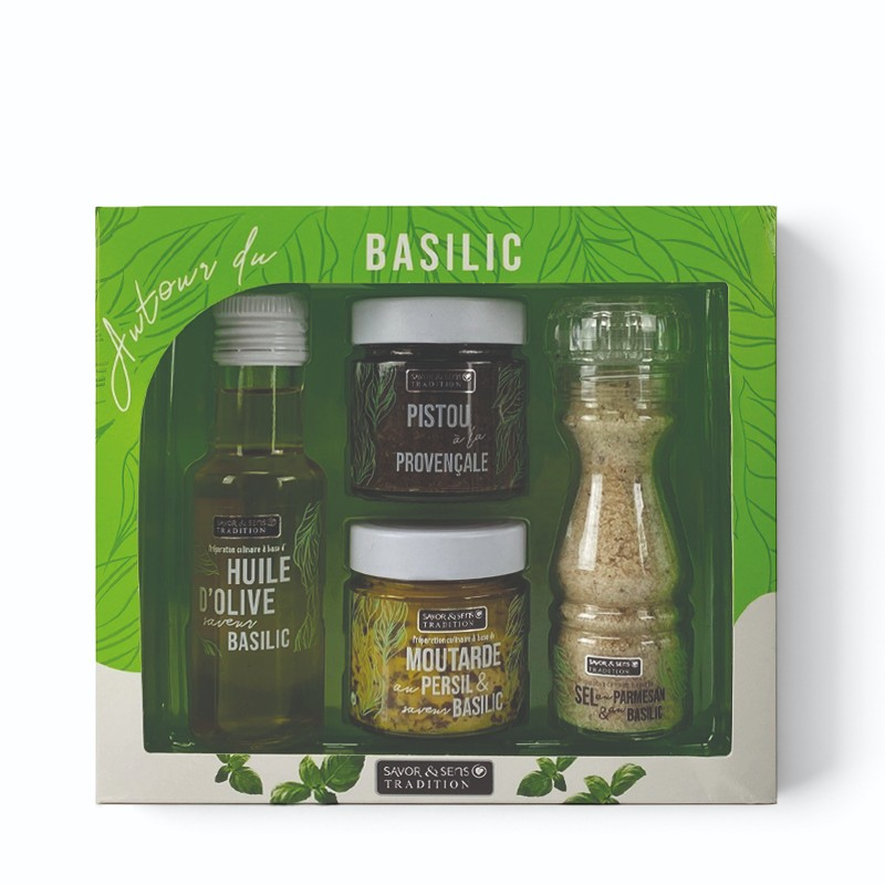 Coffret cadeau Du Bruit dans la Cuisine avec huile, pesto, moutarde et sel au basilic pour assaisonner vos plats.