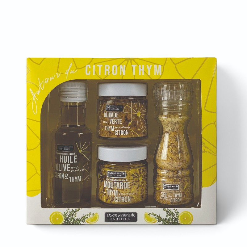 Coffret cadeau Du Bruit dans la Cuisine avec huile d'olive, moutarde, olivade et sel au citron et thym de Provence