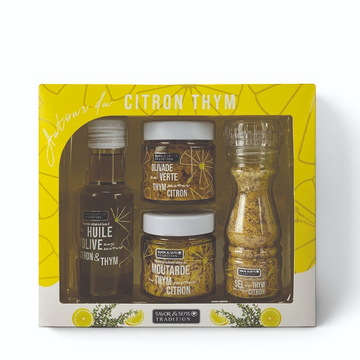 Coffret cadeau Du Bruit dans la Cuisine avec huile d'olive, moutarde, olivade et sel au citron et thym de Provence