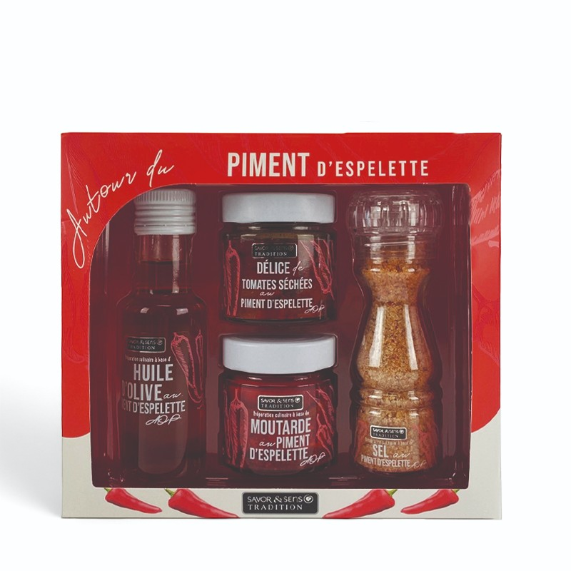 Coffret cadeau Du Bruit dans la Cuisine contenant huile, moutarde, tomates séchées et sel au piment d'Espelette AOP