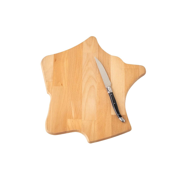 Planche à charcuterie et fromage hêtre huilé forme France 35x35cm couteau à griller Laguiole 23cm manche ABS noir Jean Dubost Laguiole