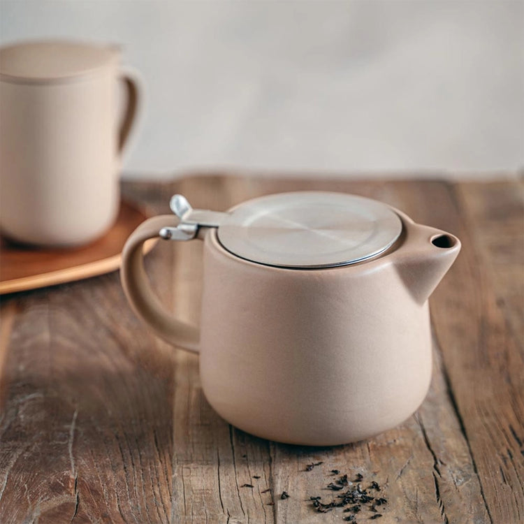 Théière avec filtre grès émail réactif couvercle bois d'acacia filtre inox 0,9 L Gris Kaito Table Passion